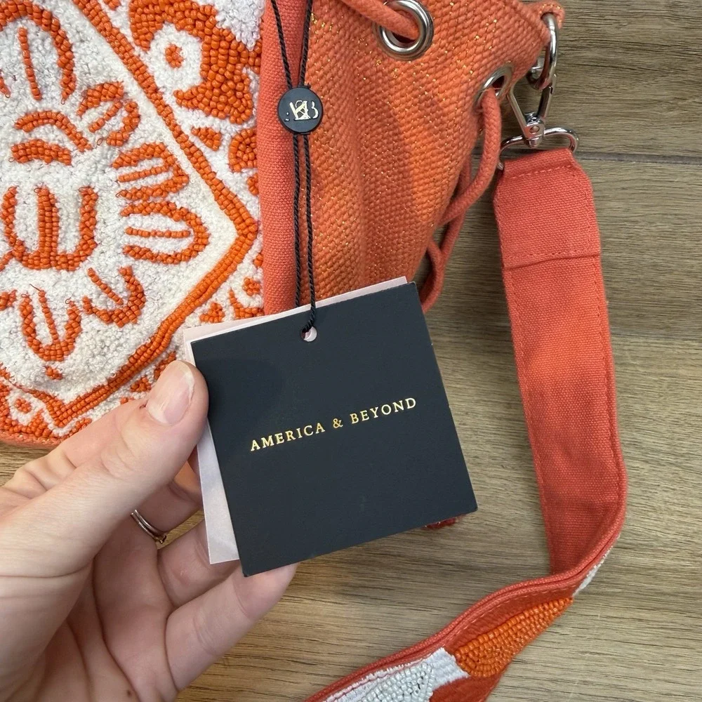 NWT‎ America & Beyond Canvas Beaded Mini Tote Crossbody Orange Gold Boho